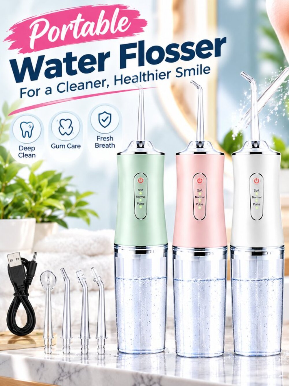 Cordless Water Flosser for Teeth, Portable Oral Irrigator, 3 Modes, 4 Jet Tips,